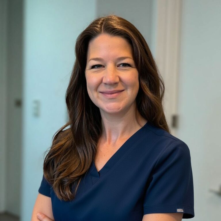 USE Highly Realistic Navy Scrubs Closed Smile 768x768